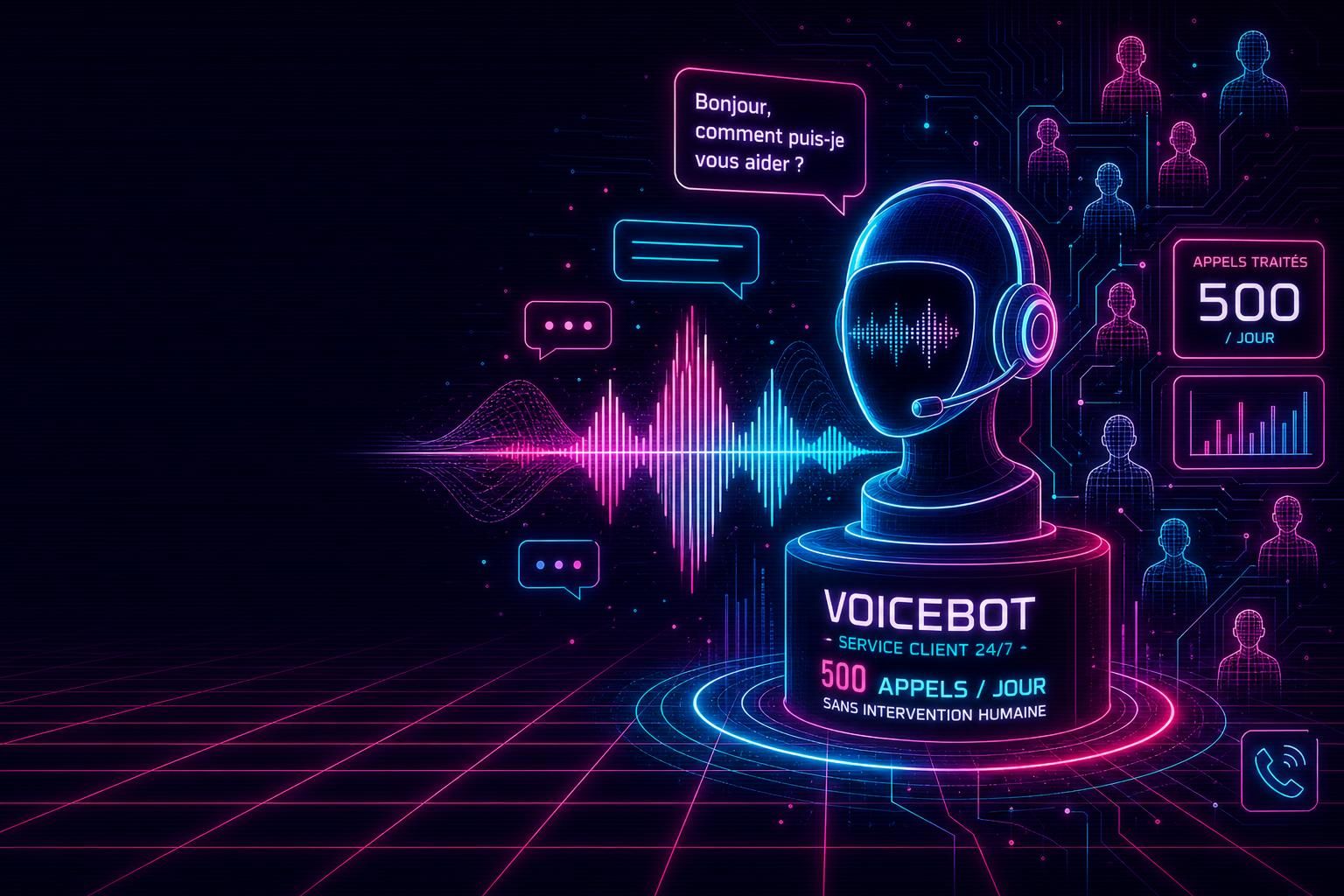 découvrez le voicebot service client 2026, votre solution innovante pour traiter jusqu'à 500 appels par jour sans intervention humaine, optimisant efficacité et satisfaction client.