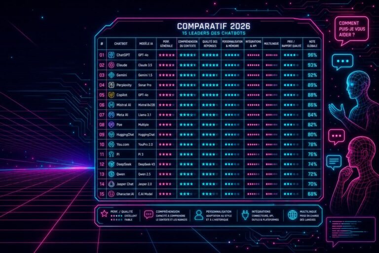 découvrez notre comparatif 2026 des 15 meilleurs chatbots du marché avec un tableau complet pour vous aider à choisir la solution idéale.